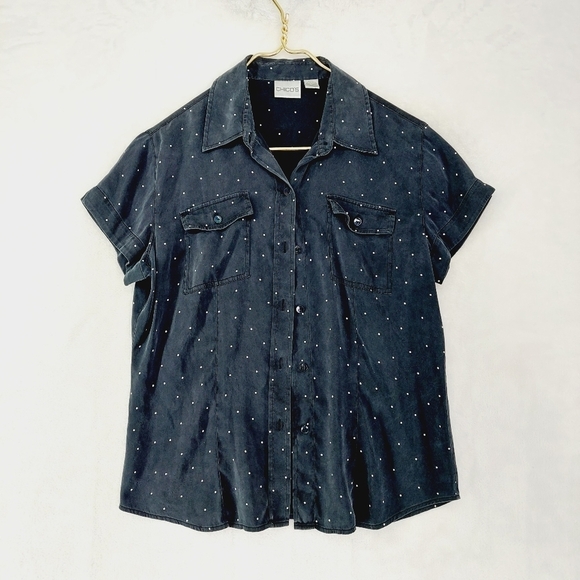 Chico's Black White Polka Dot Button Down Short Sleeve Chest Pockets Shirt P453 - Picture 1 of 6